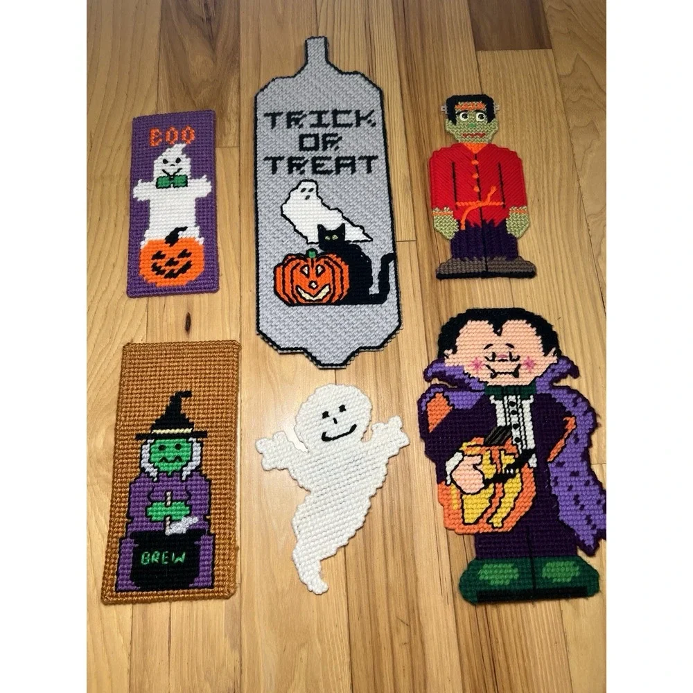 Halloween Plastic Canvas Needlepoint Decor Lot Handmade Witch Ghost Vampire